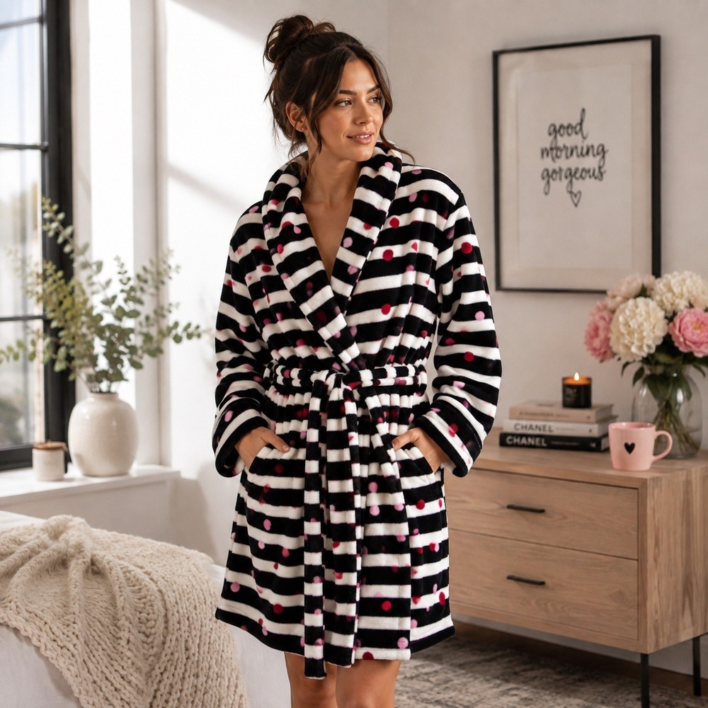 Kate Spade New York Women's M Black White Striped Polka Dot Plush Robe